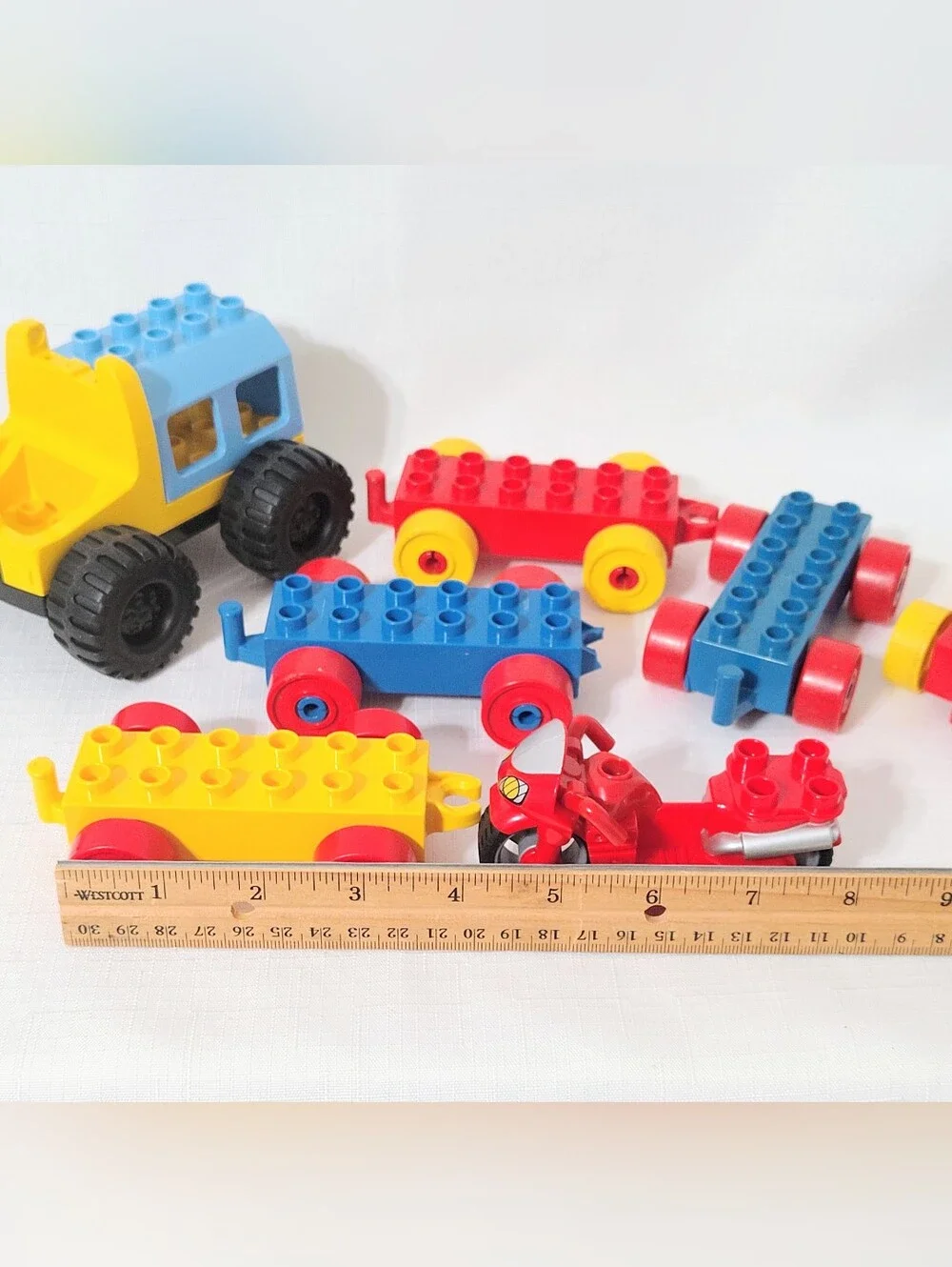8 Lego Duplo Vehicle Lot - 2 Car Chassis 5 Train Chassis & Spiderman Motorcycle